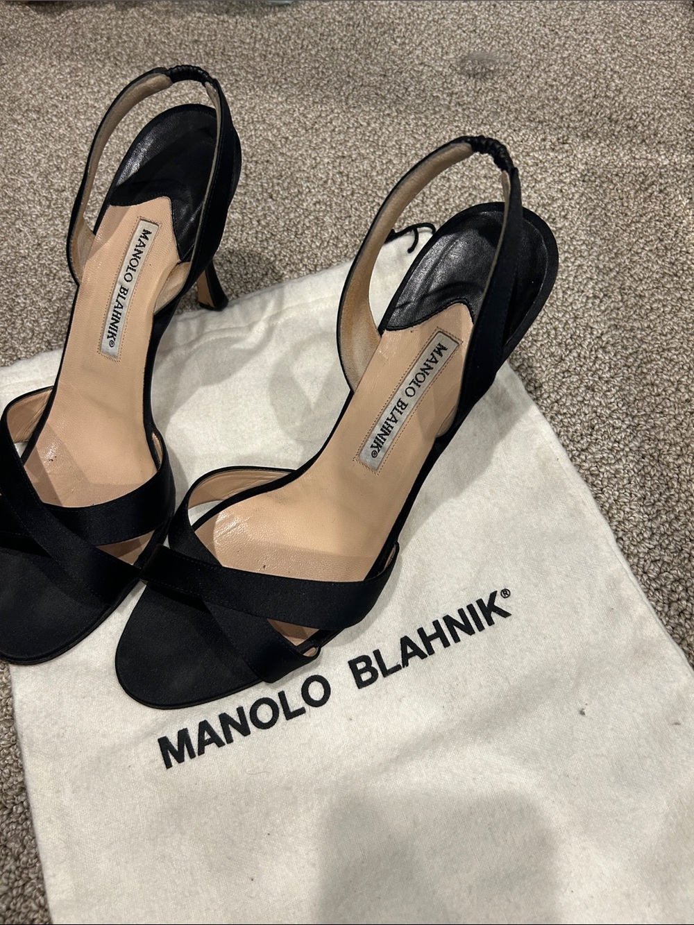 Manolo Blahnik Black Satin Cross-Strap Slingback Heels